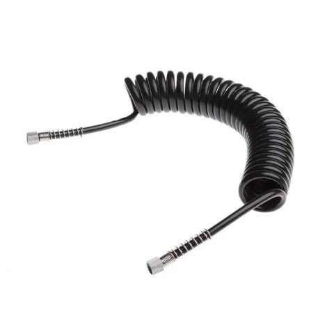Heavy Duty Flexible Polyurethane Recoil Air Hose Featuring Automatic Snap Back Retrieval And Rock Solid Kink Resistant Build For Hassle Free High Flow Pneumatic Air Delivery In Any Workshop Setup, coiled design with metal connectors.