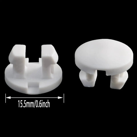 Top Shelf White Bottom Rail Cord Cover Buttons For Horizontal Blinds Repair, Pack Of Twelve Heavy Duty Tape Lock Plugs shown from front and side, 15.5mm size
