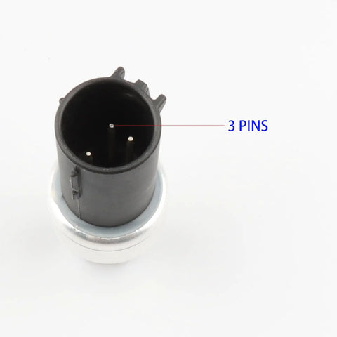 Close-up of AC Pressure Switch For Ford F Series And Lincoln SUVs Including Escape, Focus, Expedition, Explorer, Fiesta And F Series Trucks, 6F9319D594AA 6F9Z19D594AA Air Conditioner Clutch Pressure Sensor Replacement with 3 pins visible
