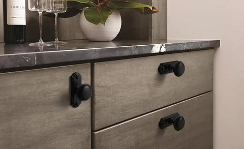 Killer 6-Pack Matte Black Cabinet Knobs With Backplates Solid Zinc Alloy Single Hole Drawer Pulls For Kitchen Cabinets And Dressers Hella Sweet Modern Hardware With Spacers Included on wooden dresser.