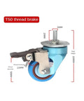 Single T50 Swivel Brake Caster For Machinery Furniture And Appliances White Brake Stem Caster Wheel with dimensions shown