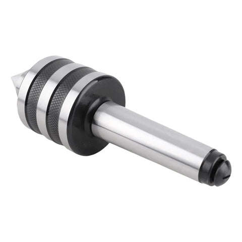 MT3 revolving live center for lathe with knurled collar and conical tip.