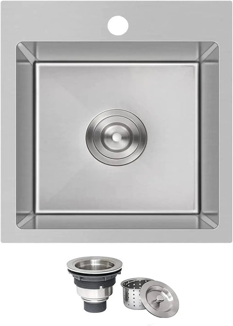 15x15 Inch Drop-In Bar Sink Workhorse With 9 Inch Deep Single Basin In Brushed Nickel, 18-Gauge Stainless Steel, Includes Drainer