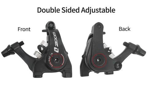 Rock Solid Mechanical Disc Brakes For Road And Cyclocross Bikes Flat Mount Caliper shown from front and back angles with adjustments.