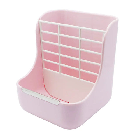 Super Cool Pink Two In One Rabbit Hay Feeder With Automatic Guinea Pig Food Bowl And Quick Release Grass Rack, pink polypropylene holder.