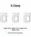 Heavy Duty Quick Adjust G Clamp For Woodworking And DIY Projects, 2.95 in, alloy steel, shown from multiple angles with measurements.