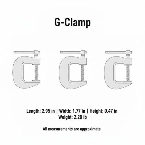 Heavy Duty G Clamps For Woodworking And Welding Use, Alloy Steel Workholding Tool dimensions and specifications illustration.