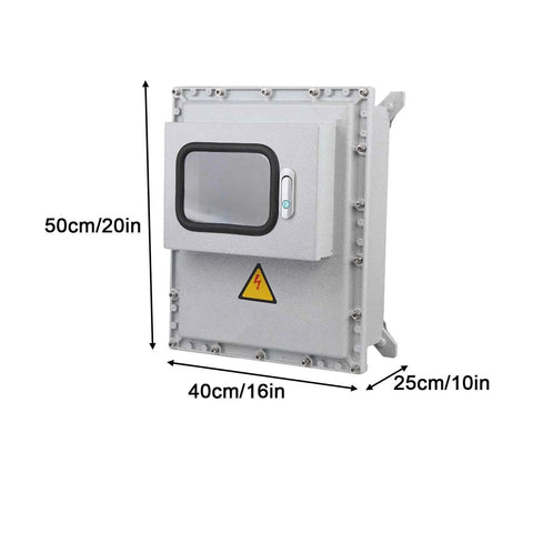 Front view of outdoor junction box with viewing window, cast aluminum housing, and lockable door.