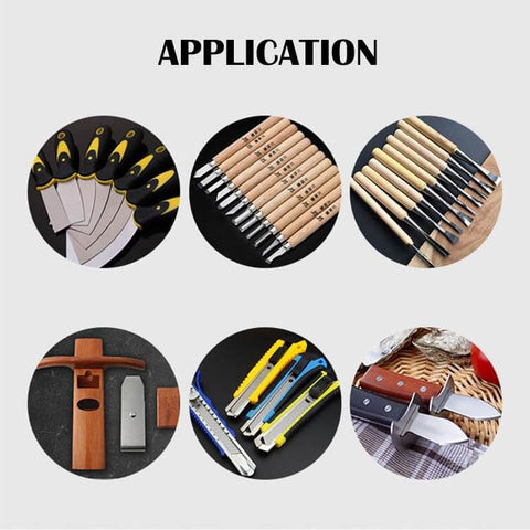 Application uses of precision honing guide sharpening jig for chisels and planer blades with wood and metal tools.