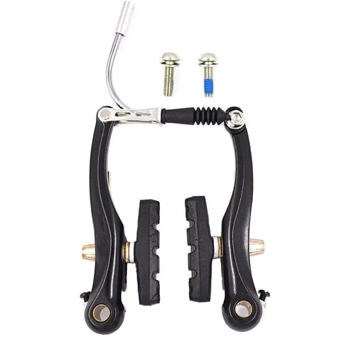 V Brakes For Bikes Front And Rear V Brake Set with aluminum arms, pads, and bolts displayed flat on white background. Durable and built to last.