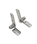 Two stainless steel damping hinges with mounting plates, left-right orientation and adjustable torque stop