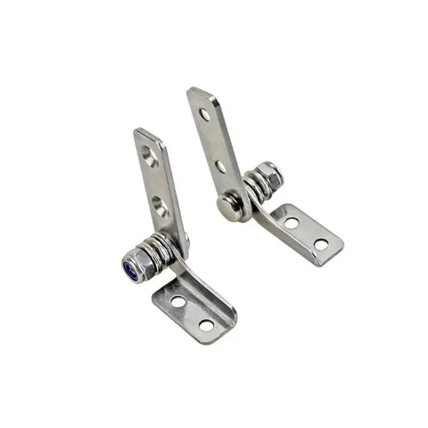 Two stainless steel damping hinges with mounting plates, left-right orientation and adjustable torque stop