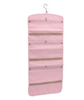 Slick Double Sided Hanging Jewelry Organizer With Foldable Design And Ample Pockets For Rings Earrings Watches, pink fabric design.