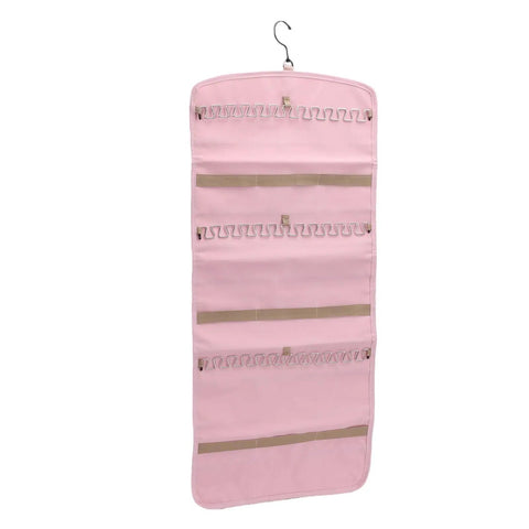 Slick Double Sided Hanging Jewelry Organizer With Foldable Design And Ample Pockets For Rings Earrings Watches, pink fabric design.
