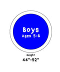 Junior Boy Blue Lime 7 Iron Golf Club For Right Handed Youth Ages 5 To 8 size chart, showing height range 44 to 52 inches.