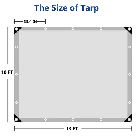 Diagram of Heavy Duty Waterproof Tarp 10 By 13 Feet, 8 Mil Thick Multipurpose Poly Tarp Cover in Silver, showing size and dimensions
