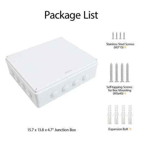 Rugged ABS Plastic IP65 Dustproof Waterproof Junction Box Electrical Enclosure White with screws and bolts shown in package.