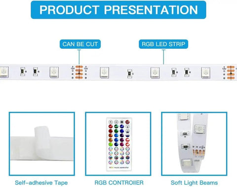 66Ft RGB LED Strip Lights With 600 High-Density LEDs, Music Sync, Remote And Bluetooth App Control, product presentation