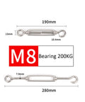 Heavy Duty 304 Stainless Steel Hook Eye Turnbuckle Wire Rope Tensioner Tough Rigging Cable Adjuster M8 200KG specs