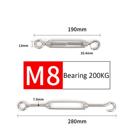 Heavy Duty 304 Stainless Steel Hook Eye Turnbuckle Wire Rope Tensioner Tough Rigging Cable Adjuster M8 200KG specs