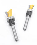 Weekend Warrior Approved Dovetail Router Bit Set Two Piece Pack with quarter inch shank and yellow cutting heads on white background.