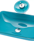 Dope Premium Cyan Rectangular Glass Bathroom Vessel Sink Countertop Vanity Basin Featuring Brass Waterfall Faucet Badass Scratch Resistant Finish For Your Crib, top view showing sleek design and vibrant color.