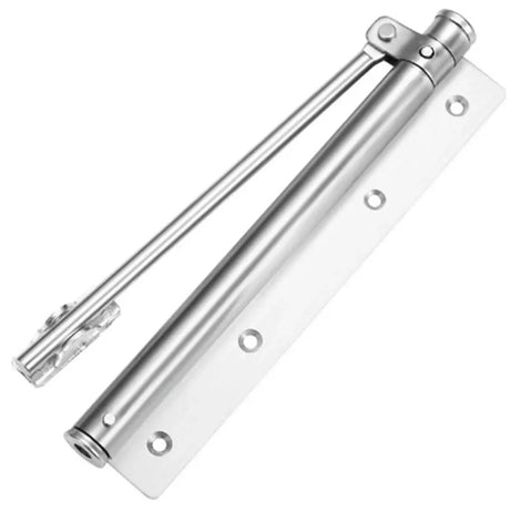 Adjustable Aluminum Alloy Beefy Heavy Duty Door Closer With Soft Close Spring for Home and Office shown in silver finish.