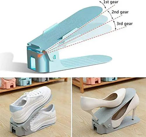 Adjustable Free Standing Shoe Rack With Ten Roomy Slots And Anti Slip Grip Design Perfect For Closet Space Saving And Smart Shoe Storage Organizer That Keeps Your Kicks Neat And Secure, featuring adjustable gears and different shoe styles.