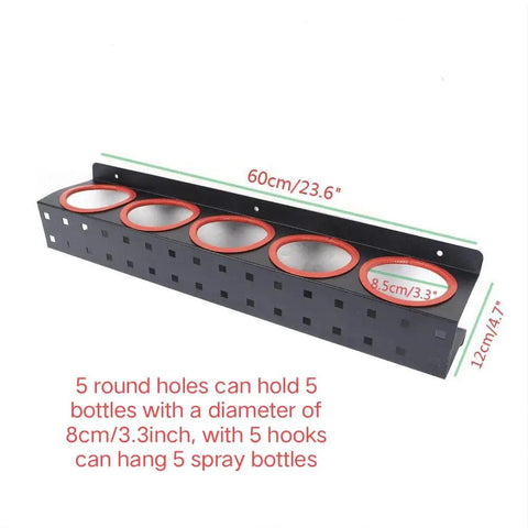 Heavy Duty Wall Mounted Spray Bottle Holder Hella Strong Steel Storage Rack For Garage Cleaning Supplies And Detailing Tools Straight Forward Install, holds 5 spray bottles.