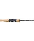 Eagle Walleye 7ft Medium Spinning Rod With 24 To 30 Ton Graphite Blend And Reinforcing Resin, Tailored Foregrip For Forward Finger Placement, Multi Material Grips For Feel, Balance, And Durability, Perfect For Freshwater Jigging And Light Trolling. Close-up of cork handle and reel seat