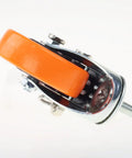 Side view of orange PVC swivel caster with metal housing and threaded M12 stem