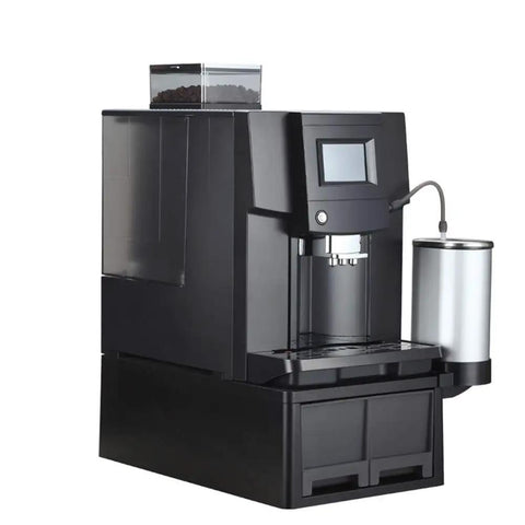 Smooth Operator Automatic Bean To Cup Coffee Maker Featuring A Slick Color Touch Display And Hassle Free Self Cleaning Cycle For Pro Level Continuous Brewing At Office Or Home in sleek black design with bean storage.