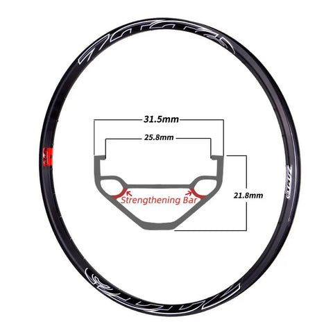 Cross-section and dimensions of All Terrain Mountain Bike Wheelset For 29, 27, And 26 Inch Rims, highlighting strengthening bar.