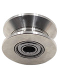 Front view of Heavy Duty 2.7 Inch 304 Stainless Steel Sliding Gate Roller Wheel Bearing With V Groove Guide Pulley for gates.