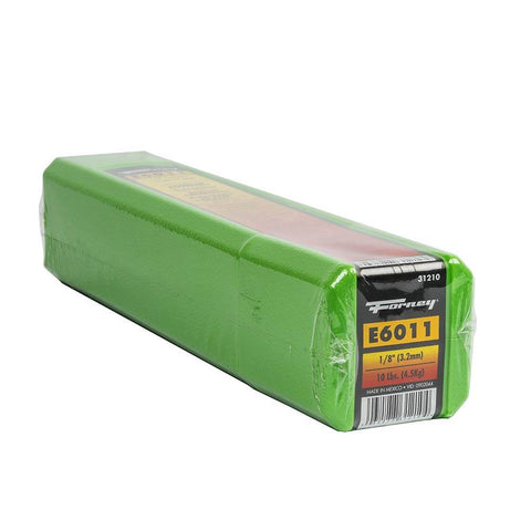 Green package of E6011 Welding Rod One Eighth Inch Ten Pound All Position For Deep Penetration On Dirty Rusty And Painted Materials.
