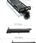 Aluminum Alloy Bike Rear Rack Luggage Carrier With Adjustable Mount For Bicycle, top and side view with measurements