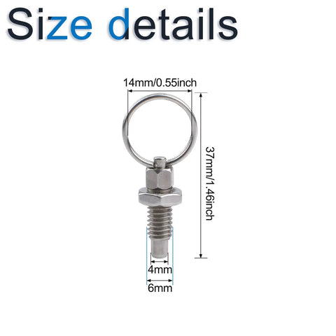 Six Piece Slick Spring Plunger Set With Smooth Pull Ring And No Sweat Quick Release Pin Using Drop Cam Design built from stainless steel, size details.
