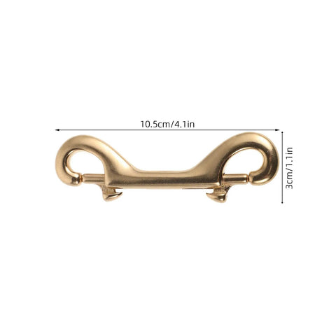 Heavy Duty Brass Double Ended Bolt Snap Hooks For Dog Leashes And Cat Collars Plus Solid Trigger Latches showing dimensions 10.5cm x 3cm.