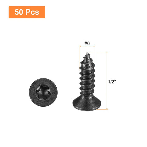 Rugged 6 By Half Inch Flat Head Torx Screws 50 Pack Black Coated 304 Stainless Steel Self Tapping Star Bolts displaying T10 drive and dimensions.