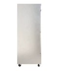 54 Inch 41 Point 3 Cu Ft Commercial Freezer Heavy Duty Four Half Door Stainless Steel Reach In Unit With Six Adjustable Shelves Digital Temp Control, side view.