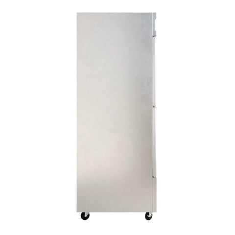 54 Inch 41 Point 3 Cu Ft Commercial Freezer Heavy Duty Four Half Door Stainless Steel Reach In Unit With Six Adjustable Shelves Digital Temp Control, side view.