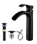 Matte Black Bathroom Vessel Sink Faucet With Waterfall Spout Tall Single Hole Design Quiet Operation Easy Install Pop Up Drain With Detachable Hair Catcher Lavatory Vanity Faucet and components
