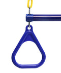 Close-up of blue 18 Inch Trapeze Bar With Rings Heavy Duty 48 Inch Plastic Coated Chains for Backyard Swing Sets.