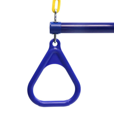 Close-up of blue 18 Inch Trapeze Bar With Rings Heavy Duty 48 Inch Plastic Coated Chains for Backyard Swing Sets.