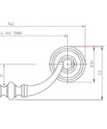 Technical drawing of Matte Black Iron Traditional Cabinet And Drawer Pull Handle For Kitchen And Bathroom Or Furniture Durable Center To Center 4 1 Quarter Inch 108 Millimeters Length Five And One Half Inches Width Two Inches Projection Three Quarters Of An Inch.