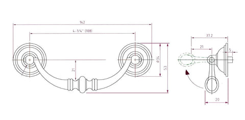 Technical drawing of Matte Black Iron Traditional Cabinet And Drawer Pull Handle For Kitchen And Bathroom Or Furniture Durable Center To Center 4 1 Quarter Inch 108 Millimeters Length Five And One Half Inches Width Two Inches Projection Three Quarters Of An Inch.