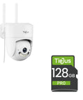 Outdoor Battery Powered Security Cam With 3MP HD Night Vision 2 Way Audio PIR Motion Detection Spotlight And Siren 2.4GHz WiFi IP66 Weatherproof Cloud Or SD Storage in white with 128GB SD card next to it
