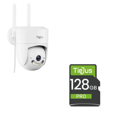 Outdoor Battery Powered Security Cam With 3MP HD Night Vision 2 Way Audio PIR Motion Detection Spotlight And Siren 2.4GHz WiFi IP66 Weatherproof Cloud Or SD Storage in white with 128GB SD card next to it
