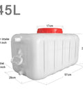 45L Big-Capacity Water Storage Tank For Home, School, Office And More, Heavy-Duty Food Grade HDPE, Spill-Proof Seal, Easy Clean, Durable And Anti-Fall Water Container For Everyday Use, showing dimensions and red cap.