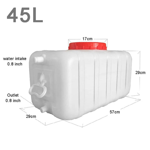 45L Big-Capacity Water Storage Tank For Home, School, Office And More, Heavy-Duty Food Grade HDPE, Spill-Proof Seal, Easy Clean, Durable And Anti-Fall Water Container For Everyday Use, showing dimensions and red cap.